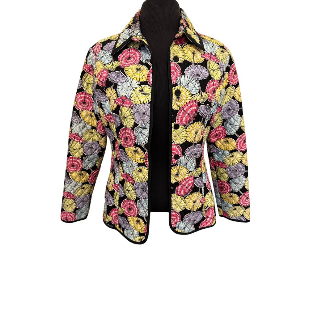 Vintage SilkLand Umbrella Print quilted Jacket, beaded, quiet luxury, classic,